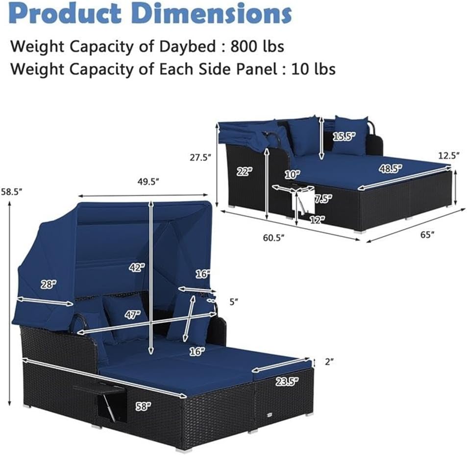 Pemberly Row Patio Rattan Daybed Lounge, Retractable Canopy, Navy, Hand-Woven PE Rattan and Metal, 58 x 48.5 in Seating Area, Foldable Trays, Cushions Included, Outdoor Deck, Backyard, Poolside Use