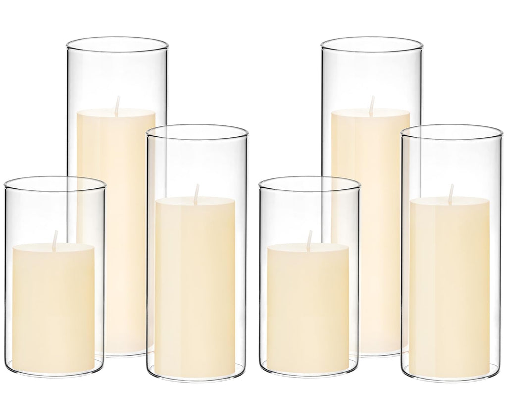 Set of 6 White Pillar Candles with Clear Glass Hurricane Holders- Elegant Cylinder Candle Vases for Weddings, Parties, Centerpieces, Home & Office Decor (White, 6 Set)