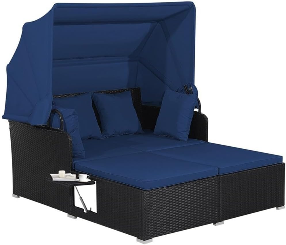 Pemberly Row Patio Rattan Daybed Lounge, Retractable Canopy, Navy, Hand-Woven PE Rattan and Metal, 58 x 48.5 in Seating Area, Foldable Trays, Cushions Included, Outdoor Deck, Backyard, Poolside Use