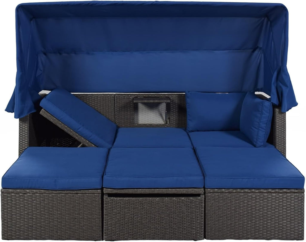 4 Pieces Outdoor Patio Daybed with Canopy, Patio Furniture for Men Blue Rattan with Washable Cushions