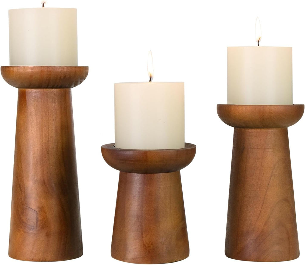 Pillar Candle Holders Set of 3， Wooden Candle Holders， Decorative Wood Candlestick Holders for Living Room, Table Centerpiece for Wedding, Christmas, Party, Home - 4", 6", 8"