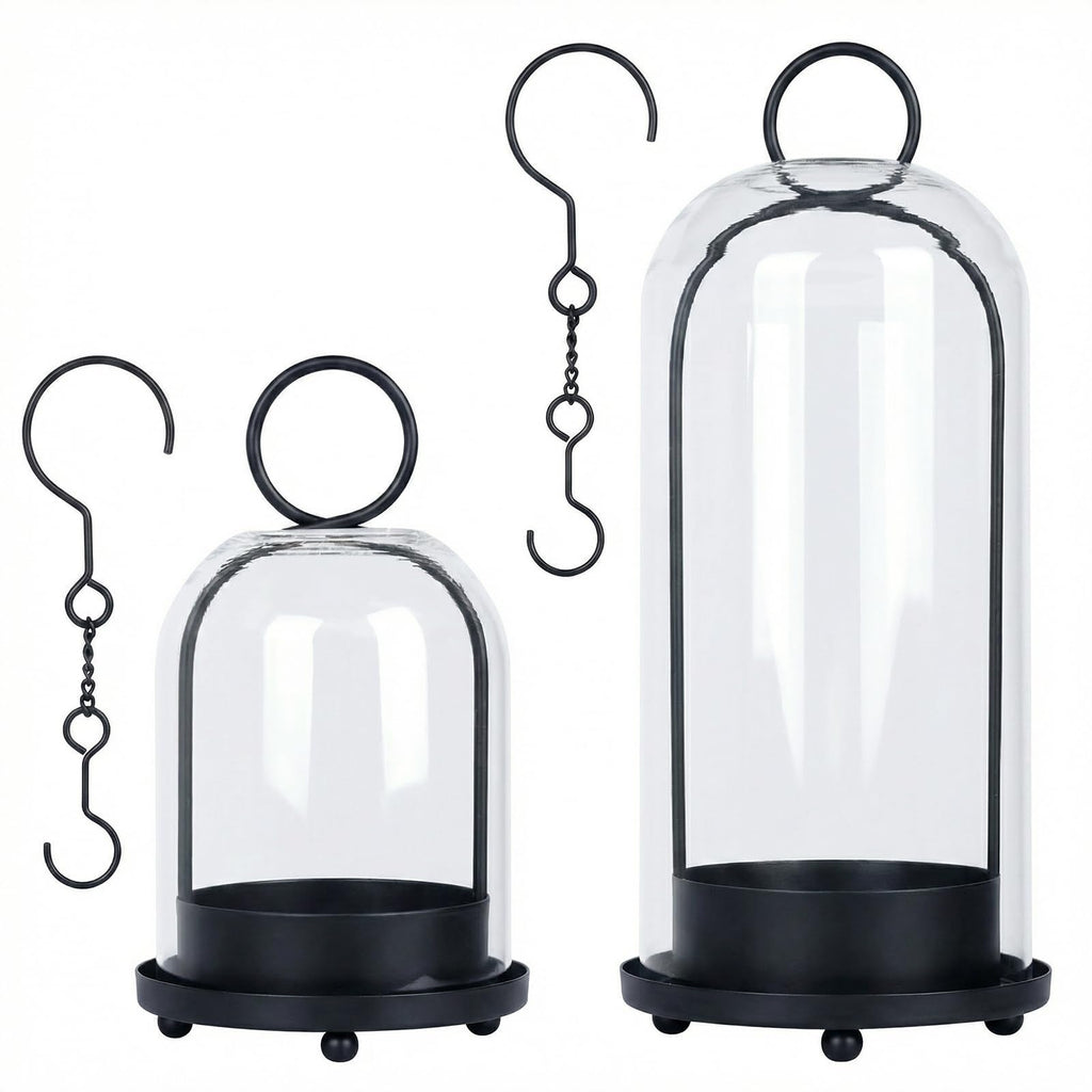 Fohil 5" & 4" Hurricane Glass Candle Holders, Set of 2 Metal Candle Holder with Handmade Sturdy Glass Dome, Candle Lantern for Pillar Candles, Plants, Table Centerpiece, Home Decor