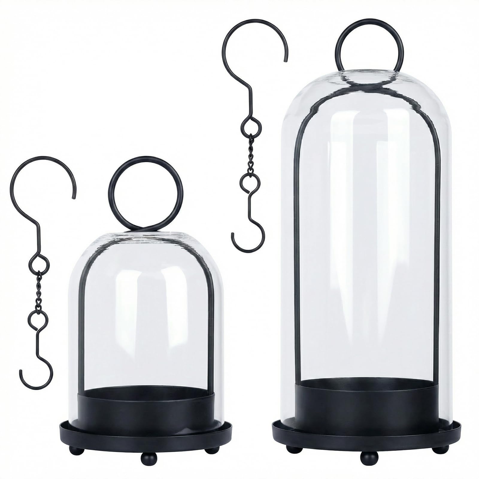 Fohil 5" & 4" Hurricane Glass Candle Holders, Set of 2 Metal Candle Holder with Handmade Sturdy Glass Dome, Candle Lantern for Pillar Candles, Plants, Table Centerpiece, Home Decor