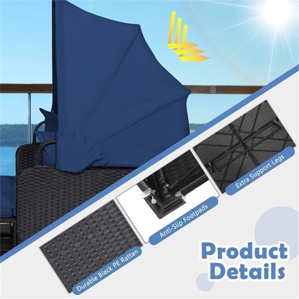 Pemberly Row Patio Rattan Daybed Lounge, Retractable Canopy, Navy, Hand-Woven PE Rattan and Metal, 58 x 48.5 in Seating Area, Foldable Trays, Cushions Included, Outdoor Deck, Backyard, Poolside Use