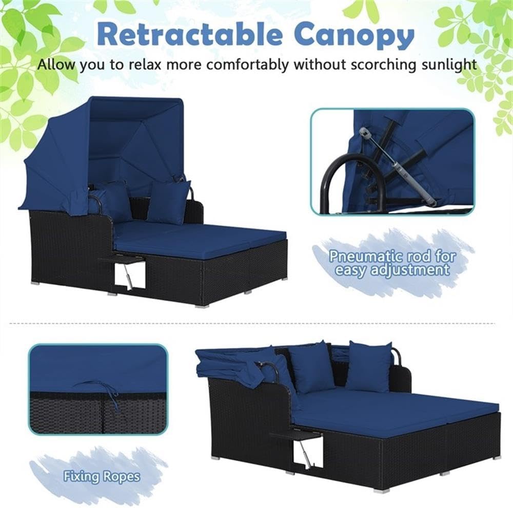 Pemberly Row Patio Rattan Daybed Lounge, Retractable Canopy, Navy, Hand-Woven PE Rattan and Metal, 58 x 48.5 in Seating Area, Foldable Trays, Cushions Included, Outdoor Deck, Backyard, Poolside Use