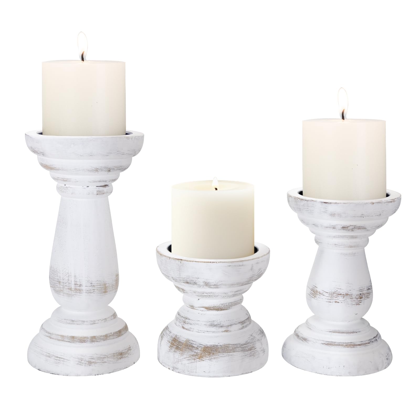 Candle Holder for Pillar Candle Set of 3, Farmhouse Wood Candle Holder, Rustic Wooden Candle Stand, Vintage Small Wooden Candlestick HoldersDecorative for Living Room, Table Centerpiece (Brown)