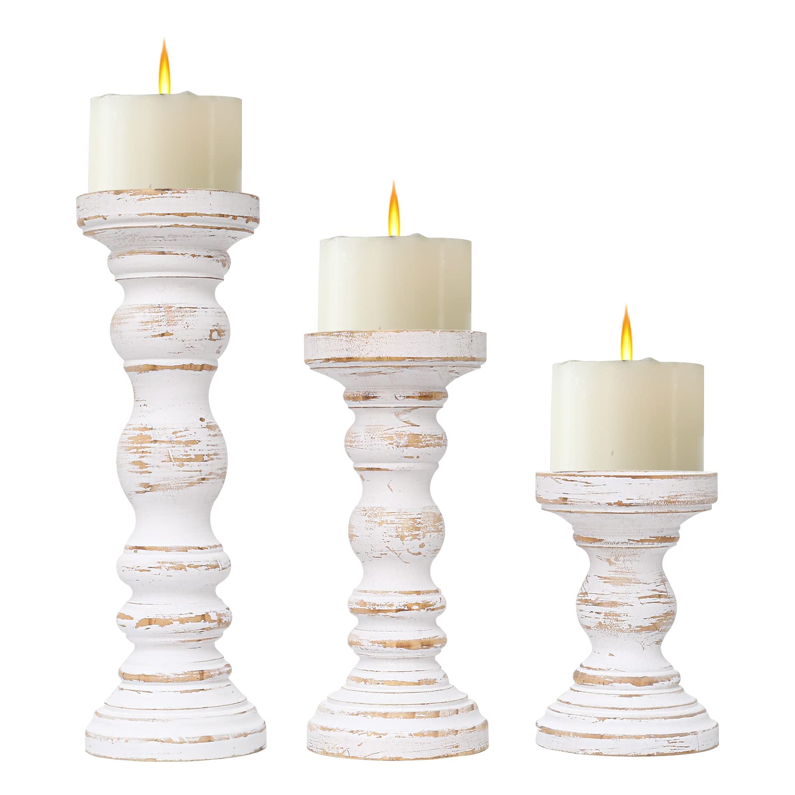 SWALLOWLIVING Rustic Farmhouse Wood Pillar Candle Holder Set of 3 for Candlestick, Black