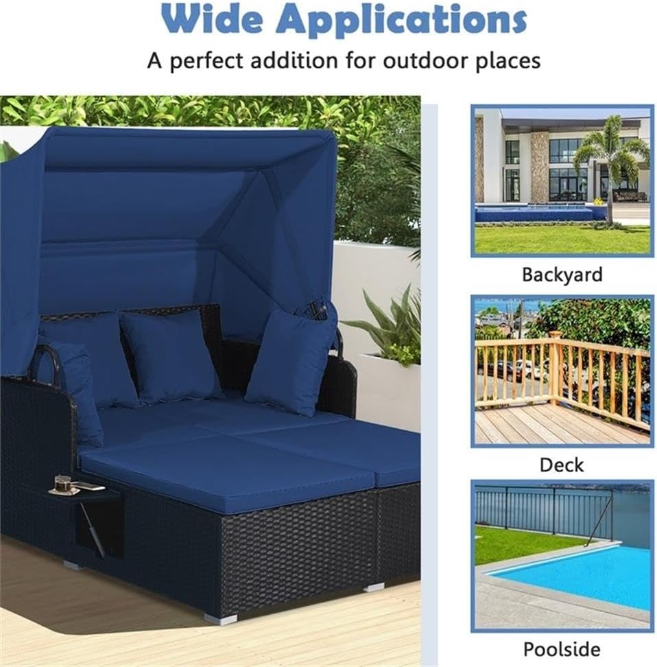 Pemberly Row Patio Rattan Daybed Lounge, Retractable Canopy, Navy, Hand-Woven PE Rattan and Metal, 58 x 48.5 in Seating Area, Foldable Trays, Cushions Included, Outdoor Deck, Backyard, Poolside Use