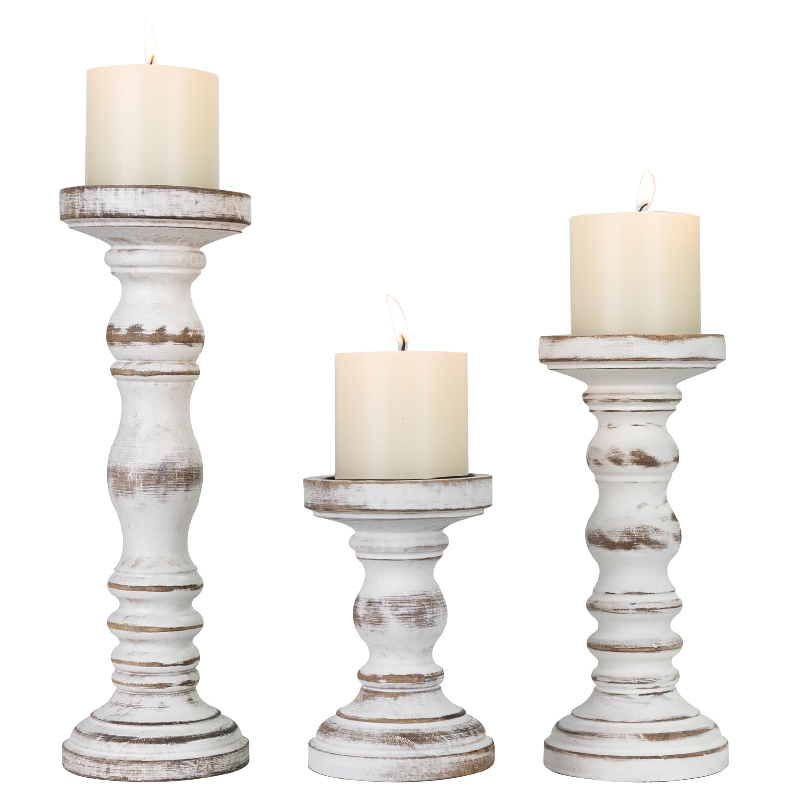 Candle Holder for Pillar Candle Set of 3, Farmhouse Wood Candle Holder, Rustic Wooden Candle Stand, Vintage Small Wooden Candlestick HoldersDecorative for Living Room, Table Centerpiece (Brown)