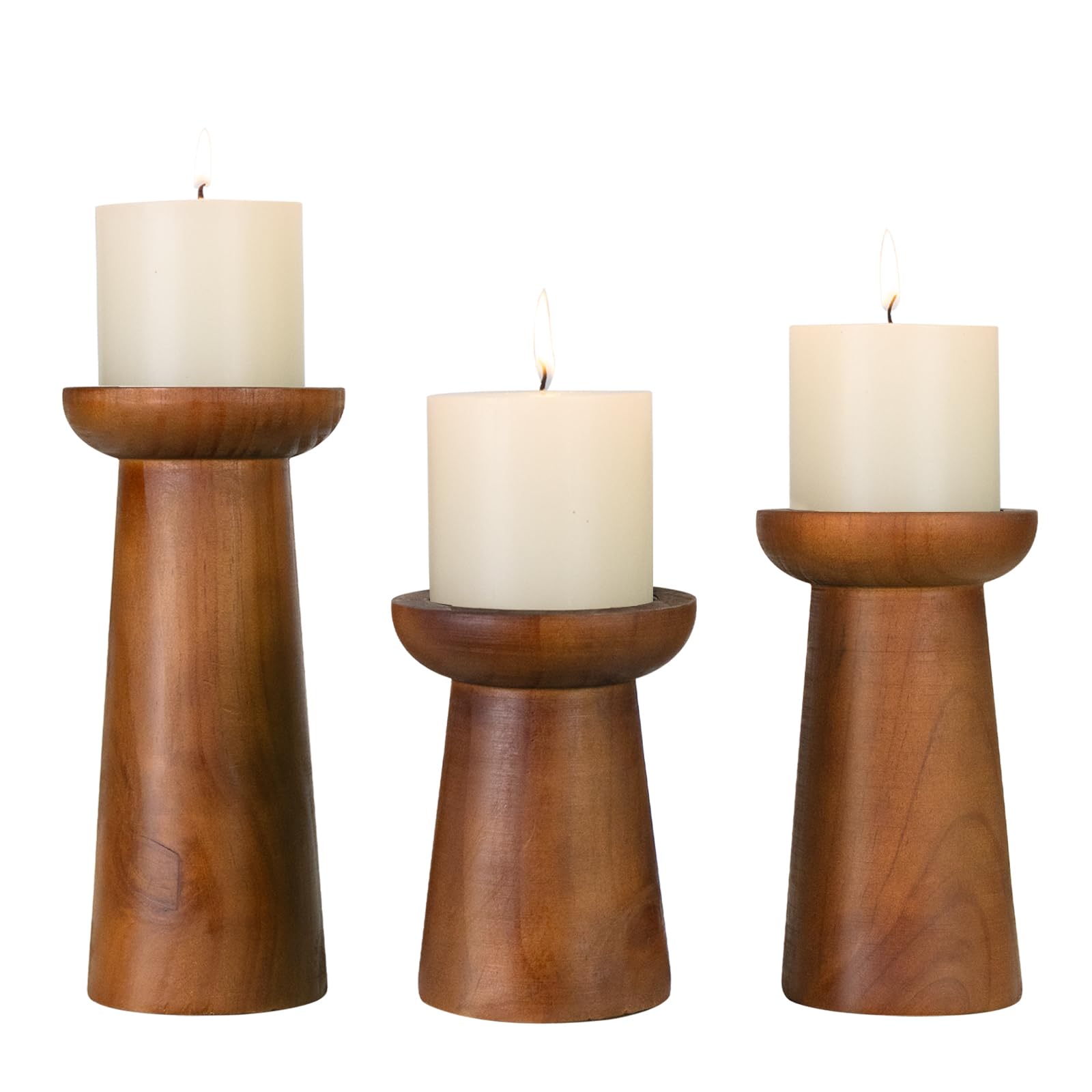 Pillar Candle Holders Set of 3， Wooden Candle Holders， Decorative Wood Candlestick Holders for Living Room, Table Centerpiece for Wedding, Christmas, Party, Home - 4", 6", 8"