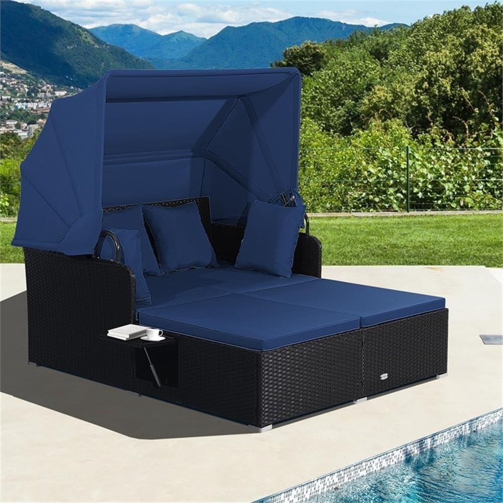 Pemberly Row Patio Rattan Daybed Lounge, Retractable Canopy, Navy, Hand-Woven PE Rattan and Metal, 58 x 48.5 in Seating Area, Foldable Trays, Cushions Included, Outdoor Deck, Backyard, Poolside Use
