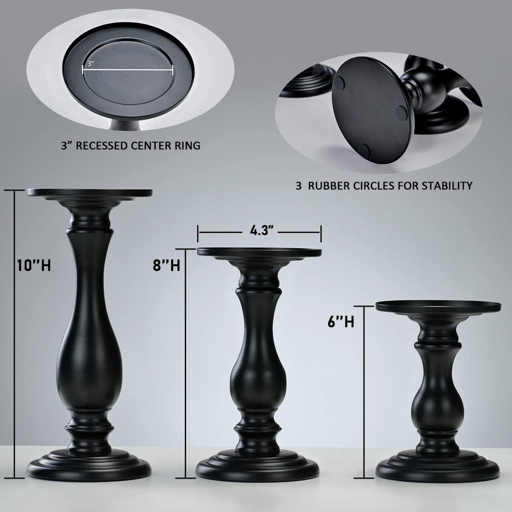 Matte Black Pillar Candle Holders Set of 3-10", 8", 6”H Candlestick Candle Holders Stand, Home Coffee Table Decor Decorations Centerpiece for Dining/Living Room