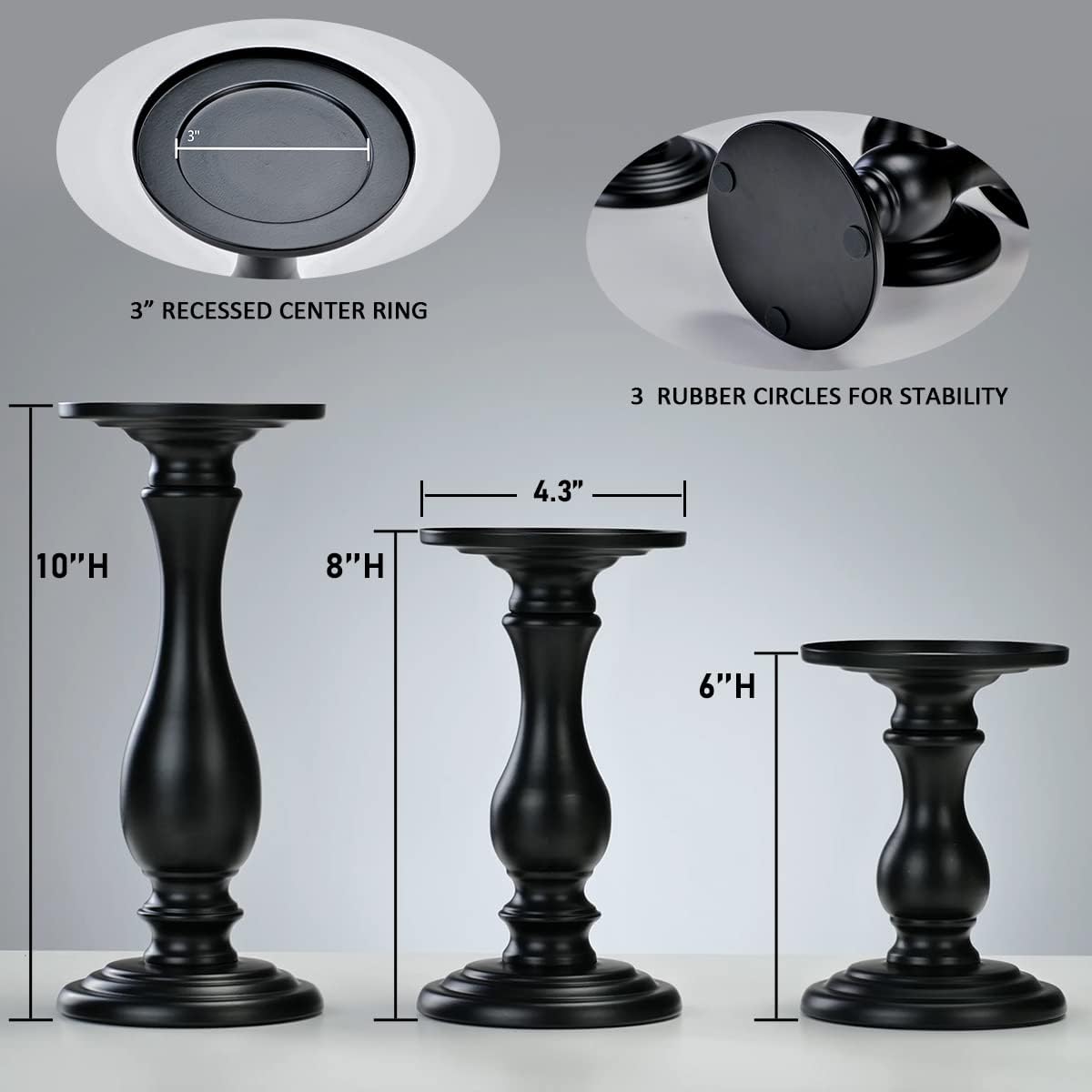 Matte Black Pillar Candle Holders Set of 3-10", 8", 6”H Candlestick Candle Holders Stand, Home Coffee Table Decor Decorations Centerpiece for Dining/Living Room