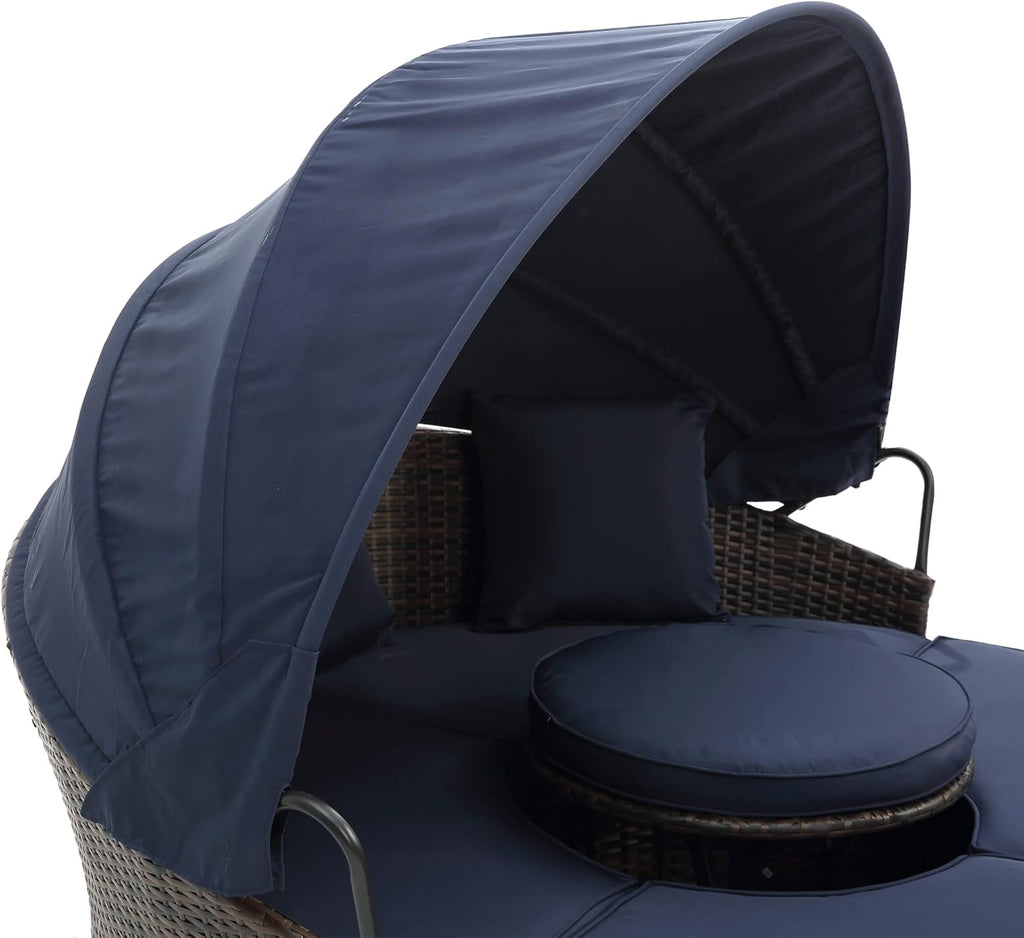 LUMISOL Outdoor Rattan Round Daybed with Canopy, Wicker Outdoor Sofa Bed with Lift Coffee Table, Sun Daybed Lounge for Balcony Garden Backyard Porch Pool, Outdoor Canopy Bed, Navy Blue