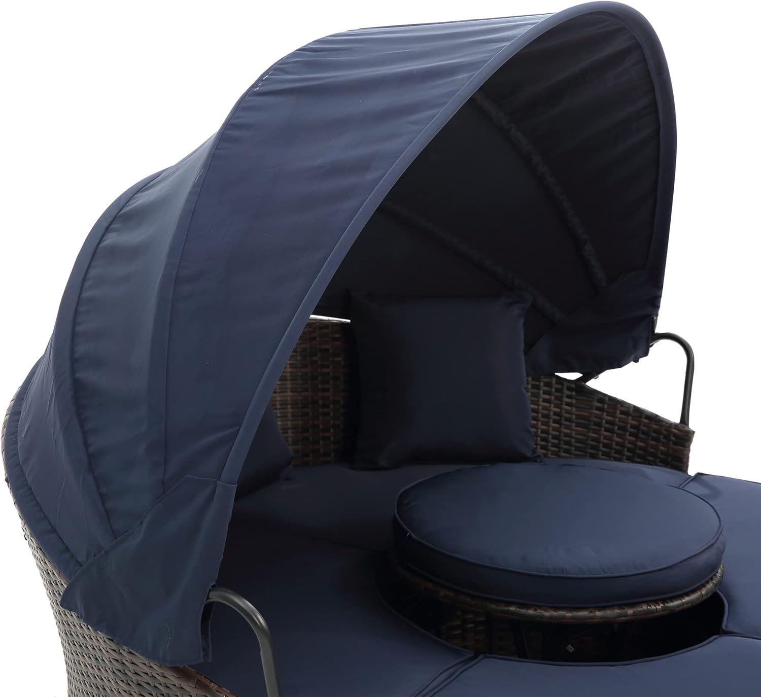 LUMISOL Outdoor Rattan Round Daybed with Canopy, Wicker Outdoor Sofa Bed with Lift Coffee Table, Sun Daybed Lounge for Balcony Garden Backyard Porch Pool, Outdoor Canopy Bed, Navy Blue