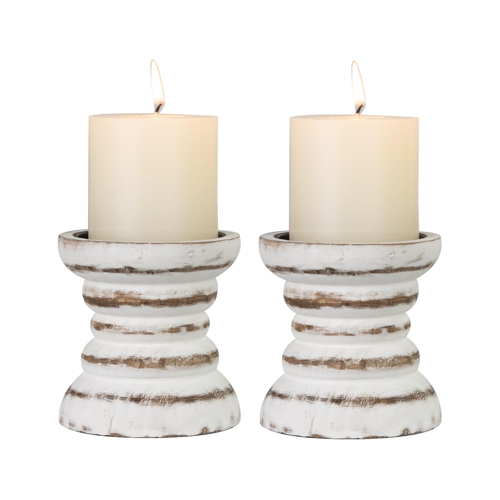 Candle Holder for Pillar Candle Set of 3, Farmhouse Wood Candle Holder, Rustic Wooden Candle Stand, Vintage Small Wooden Candlestick HoldersDecorative for Living Room, Table Centerpiece (Brown)