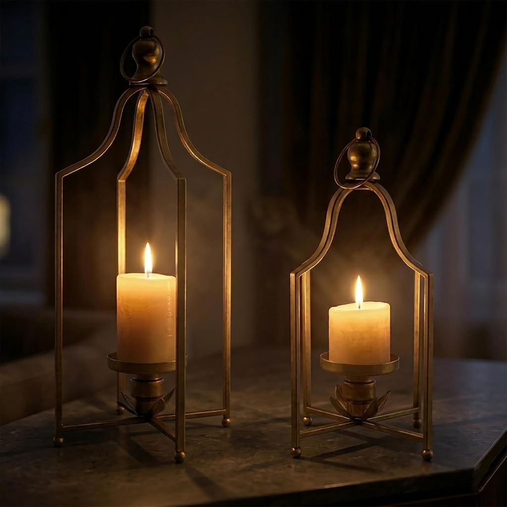 2Pcs Antique Gold Metal Lantern Candle Holders, 12.5" & 16.5" Farmhouse Decor
