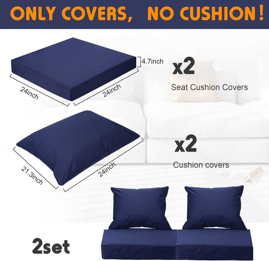 Mindsoft 2 Sets Waterproof Couch Cushion Slipcovers Backrest Outdoor Stretch Cushion Covers with Zipper (24 x 21.3, 24 x 24 x 4.7 Inch,Dark Blue)