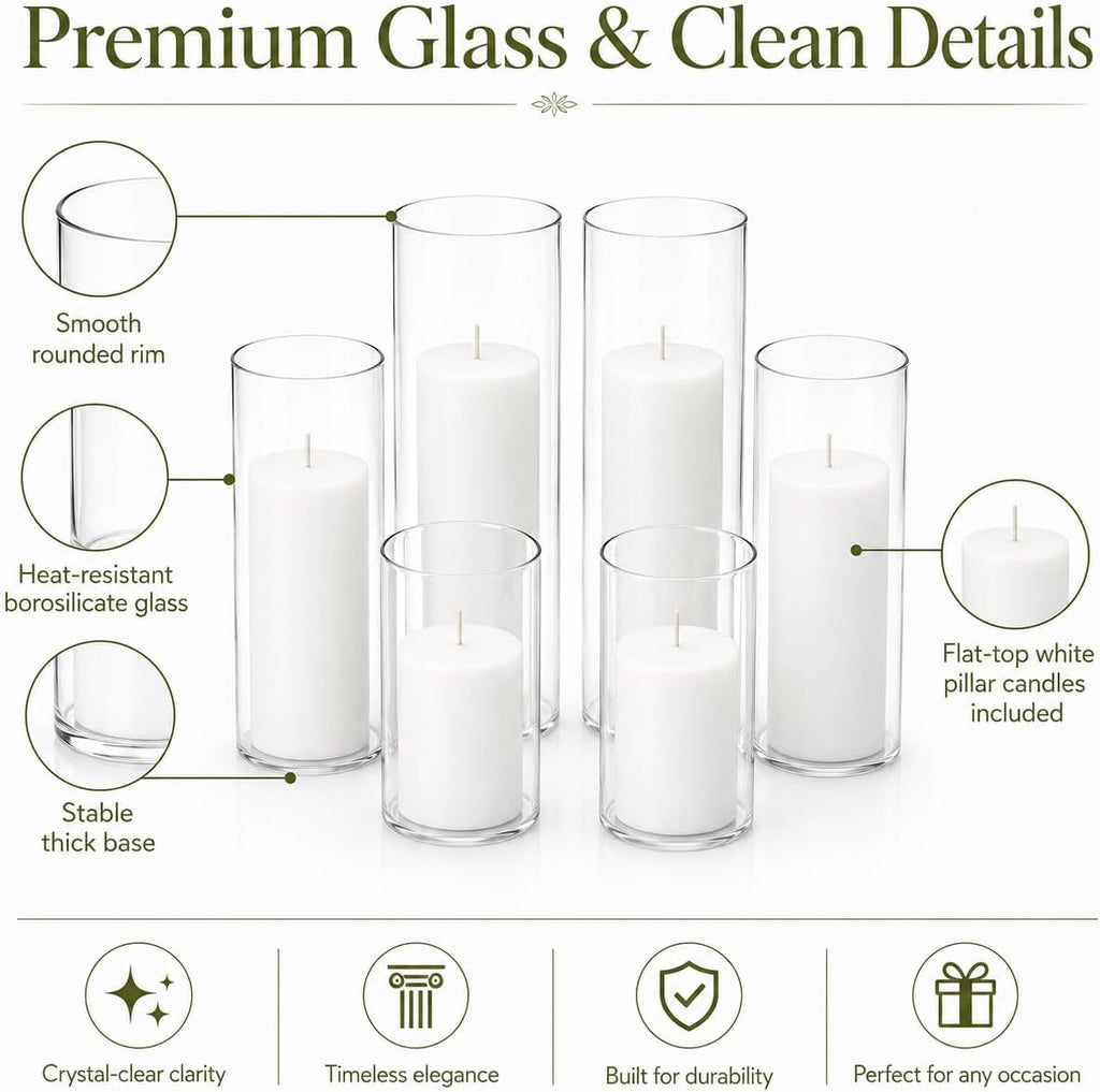 Set of 6 White Pillar Candles with Clear Glass Hurricane Holders- Elegant Cylinder Candle Vases for Weddings, Parties, Centerpieces, Home & Office Decor (White, 6 Set)