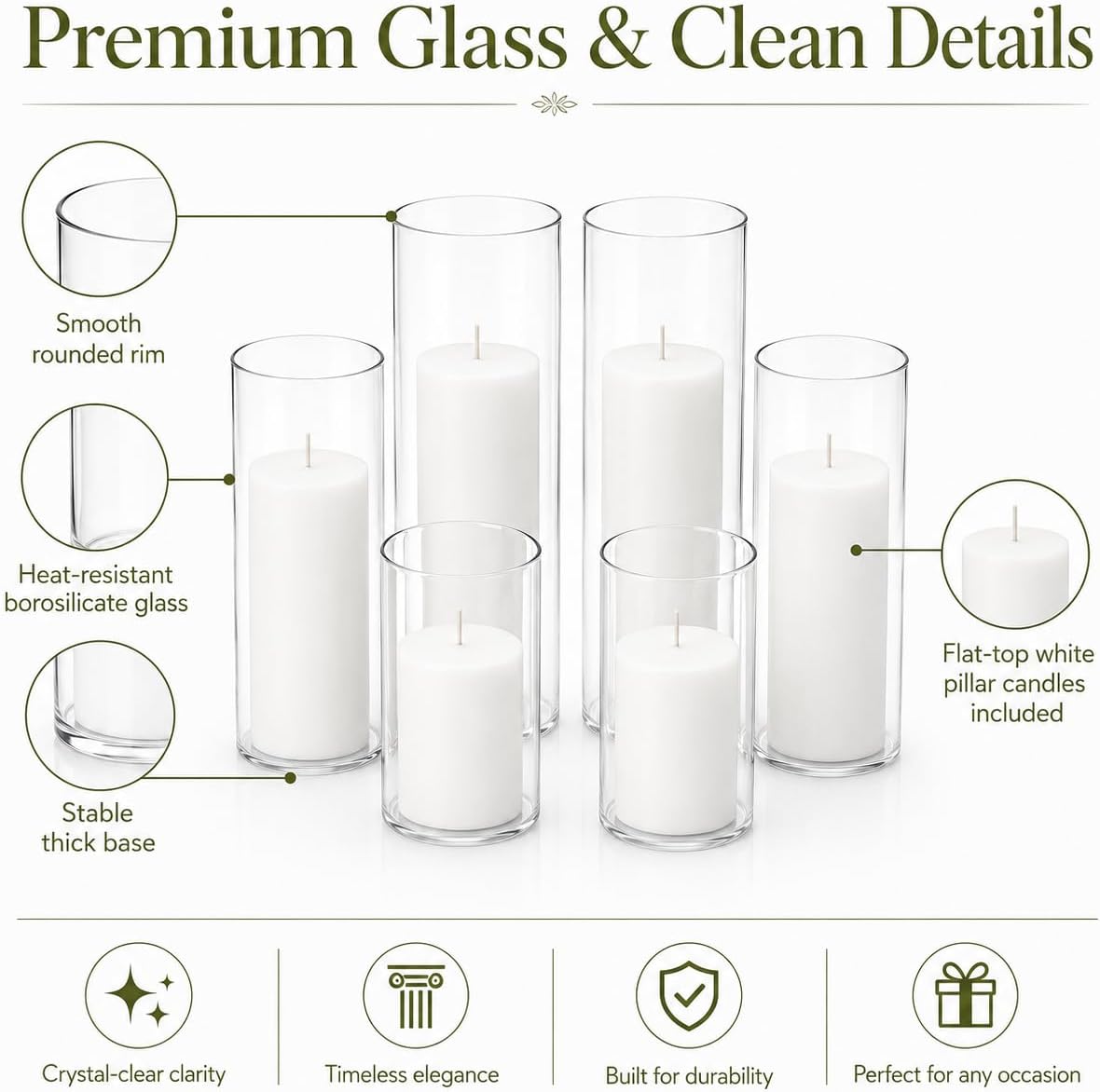 Set of 6 White Pillar Candles with Clear Glass Hurricane Holders- Elegant Cylinder Candle Vases for Weddings, Parties, Centerpieces, Home & Office Decor (White, 6 Set)