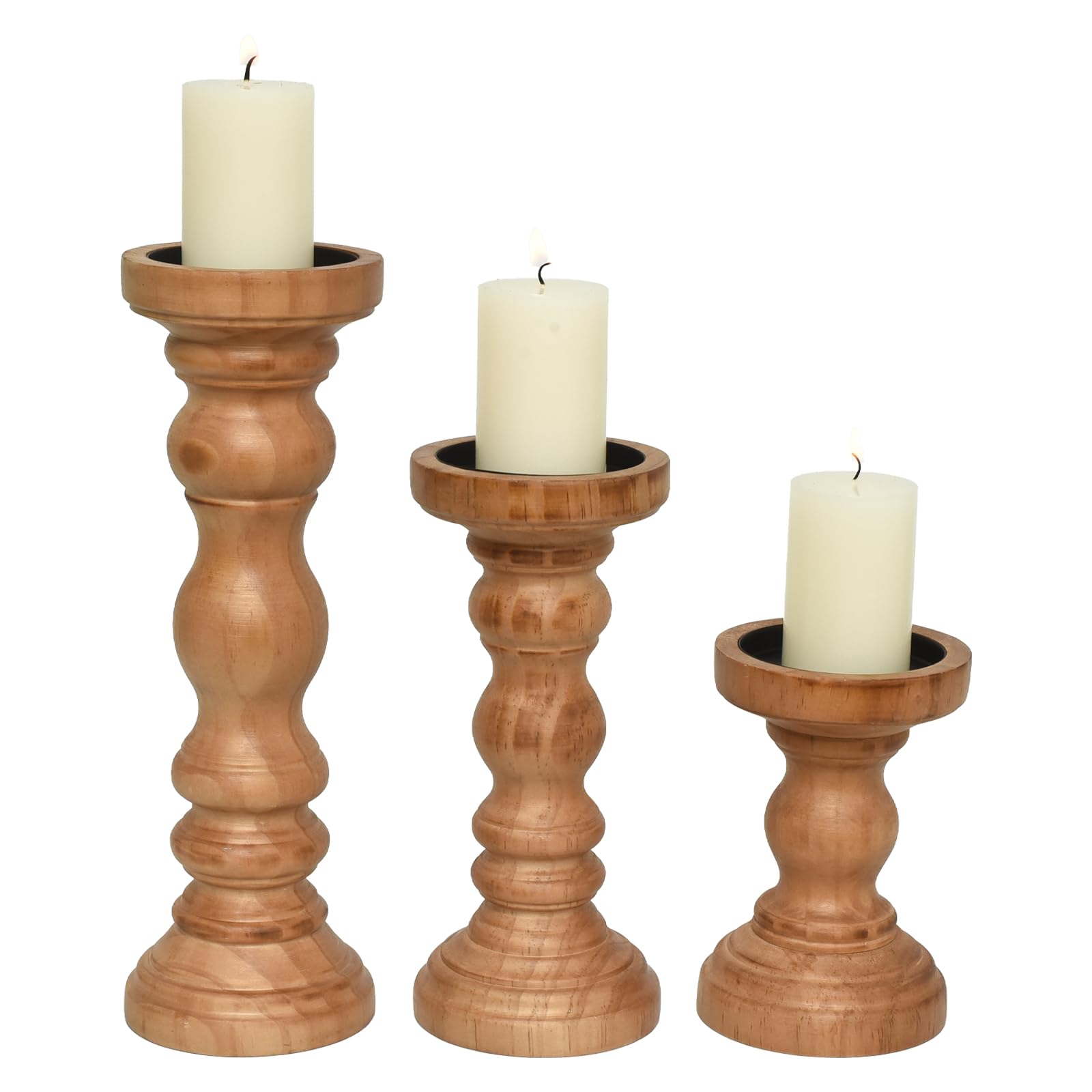 SWALLOWLIVING Rustic Farmhouse Wood Pillar Candle Holder Set of 3 for Candlestick, Black