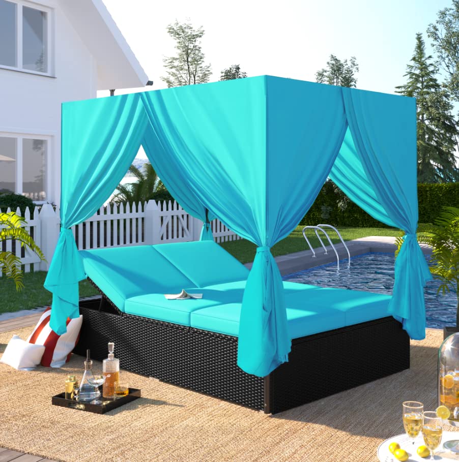 VilroCaz Outdoor Rattan Daybed Patio Wicker Sunbed with Canopy/Overhead Curtains/Cushions, Wicker Patio Sofa Set with Adjustable Seats for Lawn Garden Backyard Poolside (Beige Cushions)