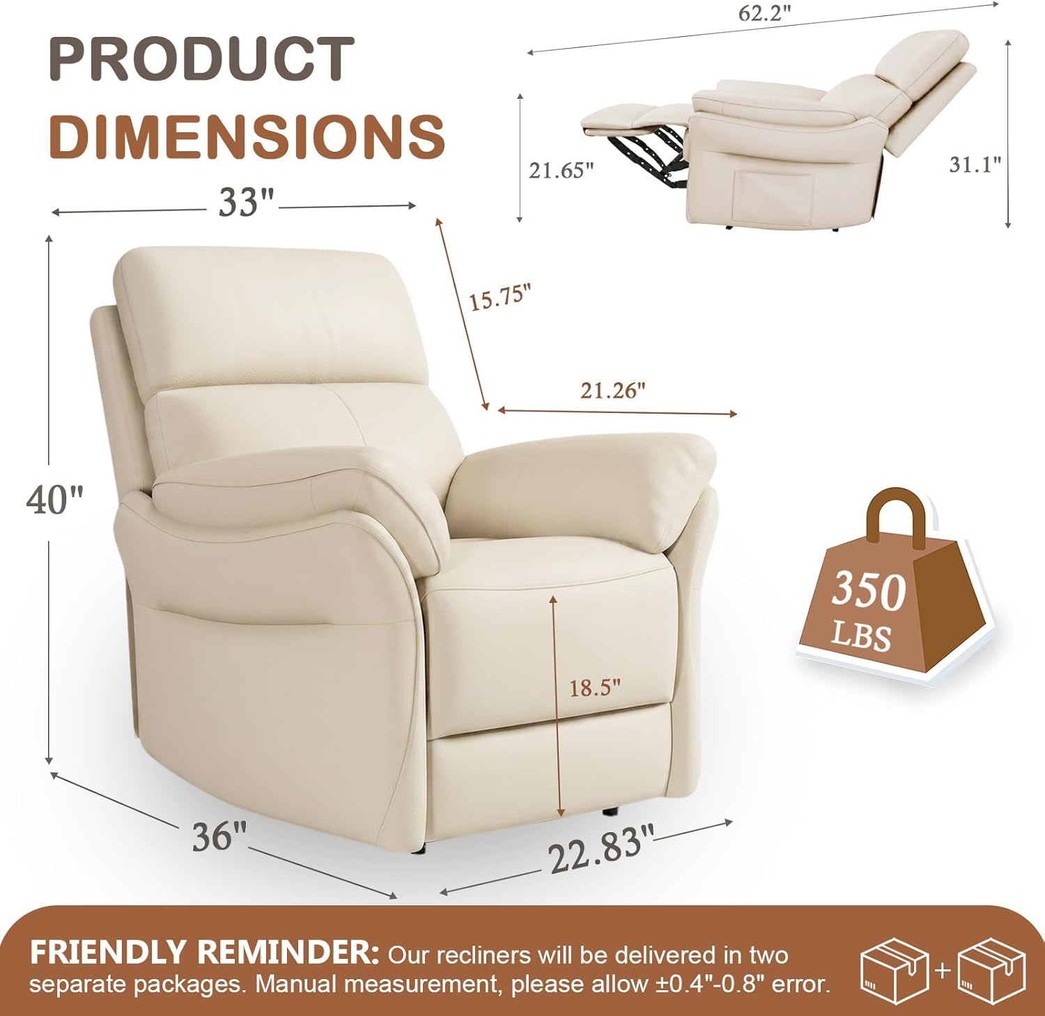 AIRSKY Genuine Leather Recliner Chair, The Recliner Chairs for Adults Made from Top-Grain Leather, Cold-Region Larch Wood Theater Seating, Bedroom, R1,Beige/Orangish Yellow (Beige, 22.8")