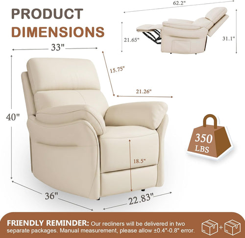 AIRSKY Genuine Leather Recliner Chair, The Recliner Chairs for Adults Made from Top-Grain Leather, Cold-Region Larch Wood Theater Seating, Bedroom, R1,Beige/Orangish Yellow (Beige, 22.8")