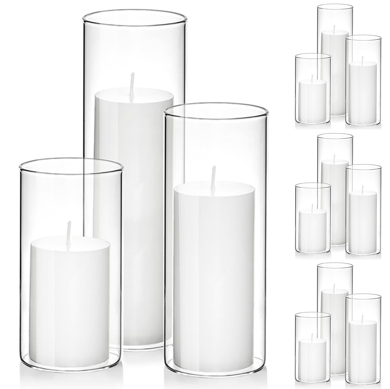 Set of 6 White Pillar Candles with Clear Glass Hurricane Holders- Elegant Cylinder Candle Vases for Weddings, Parties, Centerpieces, Home & Office Decor (White, 6 Set)