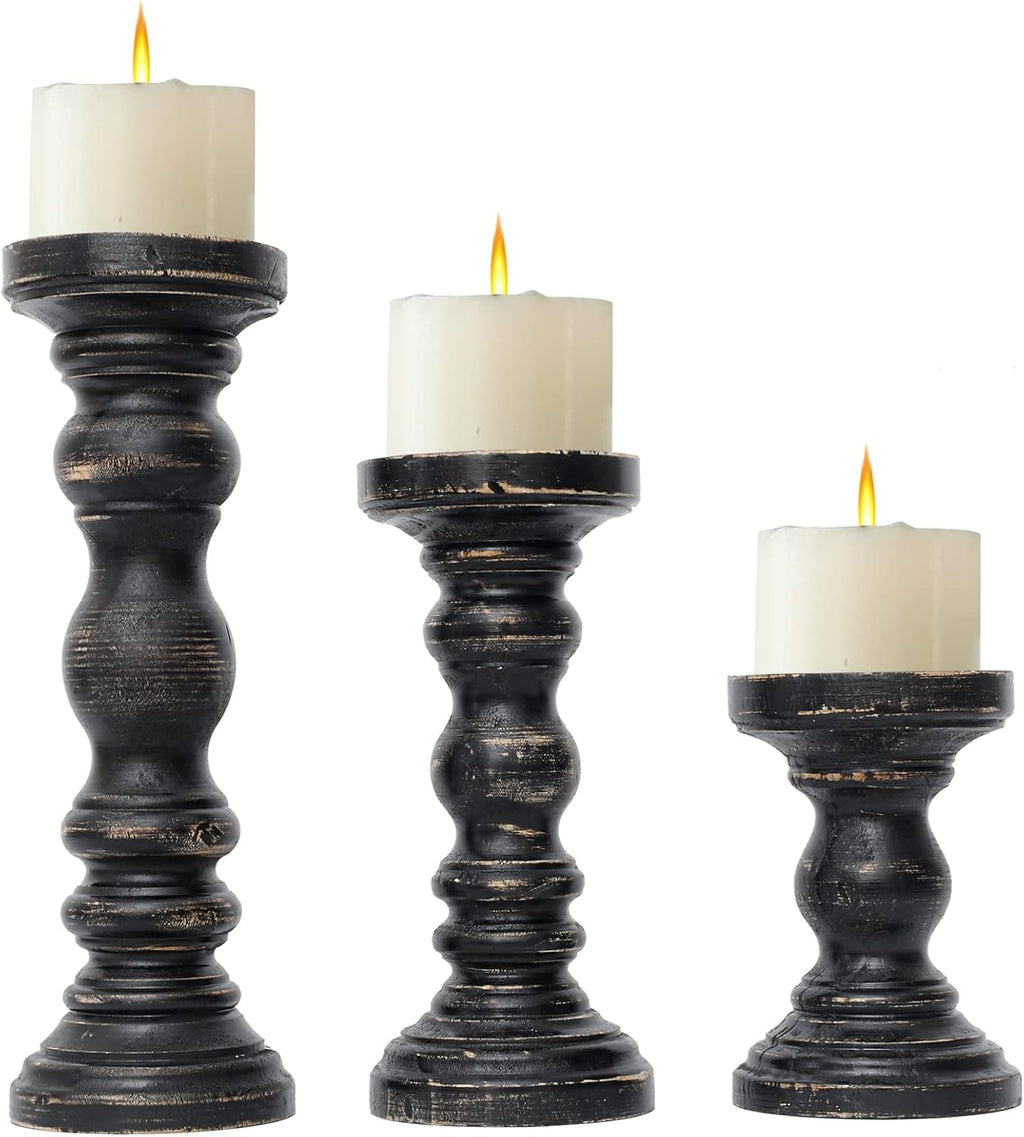 SWALLOWLIVING Rustic Farmhouse Wood Pillar Candle Holder Set of 3 for Candlestick, Black