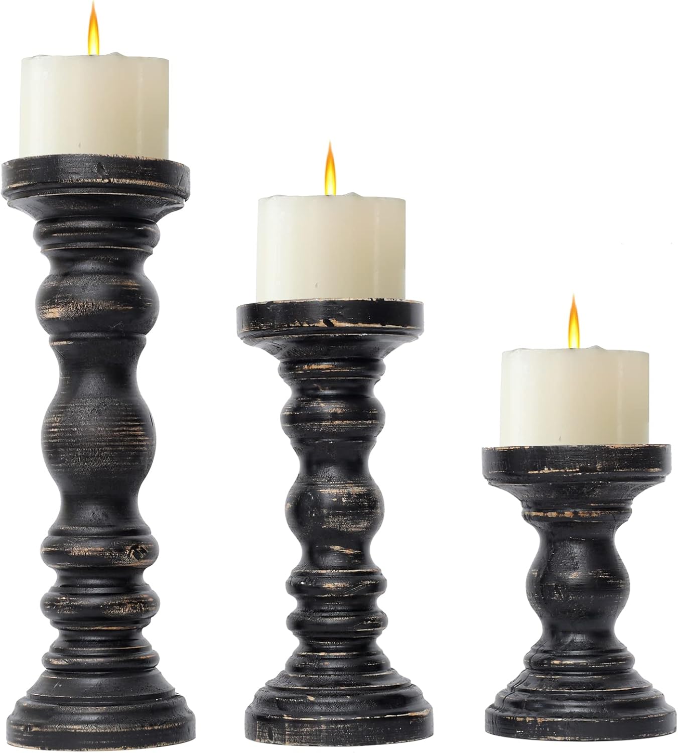 SWALLOWLIVING Rustic Farmhouse Wood Pillar Candle Holder Set of 3 for Candlestick, Black