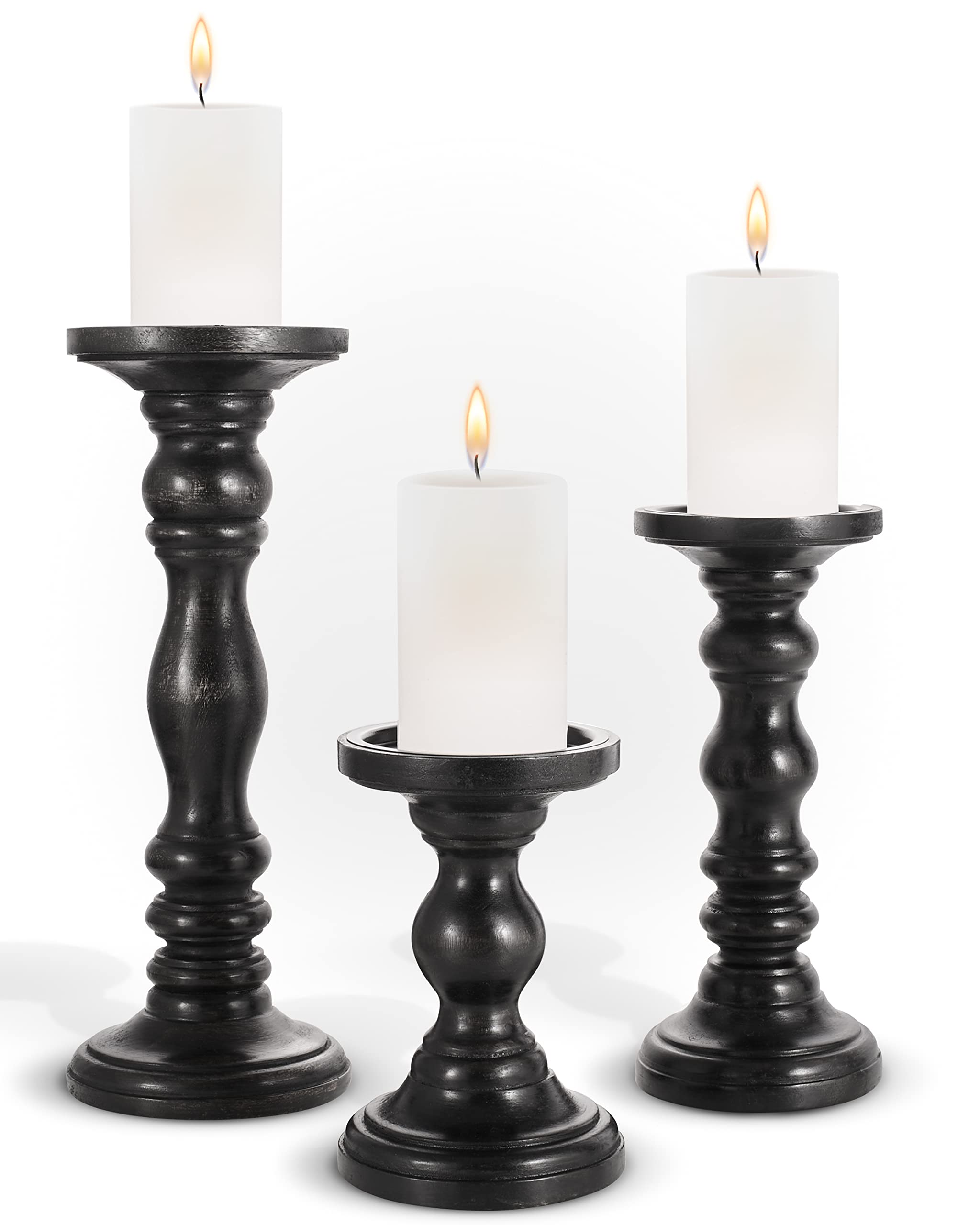 Large Candle Holders for Pillar Candles - Rustic Farmhouse Style Home Decor - Perfect for Table Centerpieces, Coffee Table or Fireplace Mantel - 3 Piece Set - White