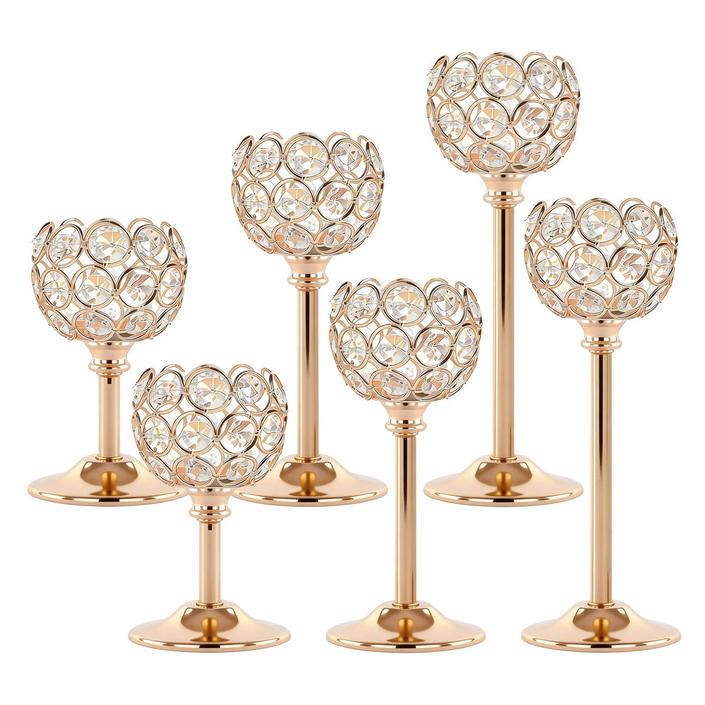 Gold Crystal Tealight Candle Holders Set of 12 (4 Sets) - Tall Bling Bowl Candelabra Centerpieces for Dining Table, Wedding, Party & Fireplace Mantel Decor