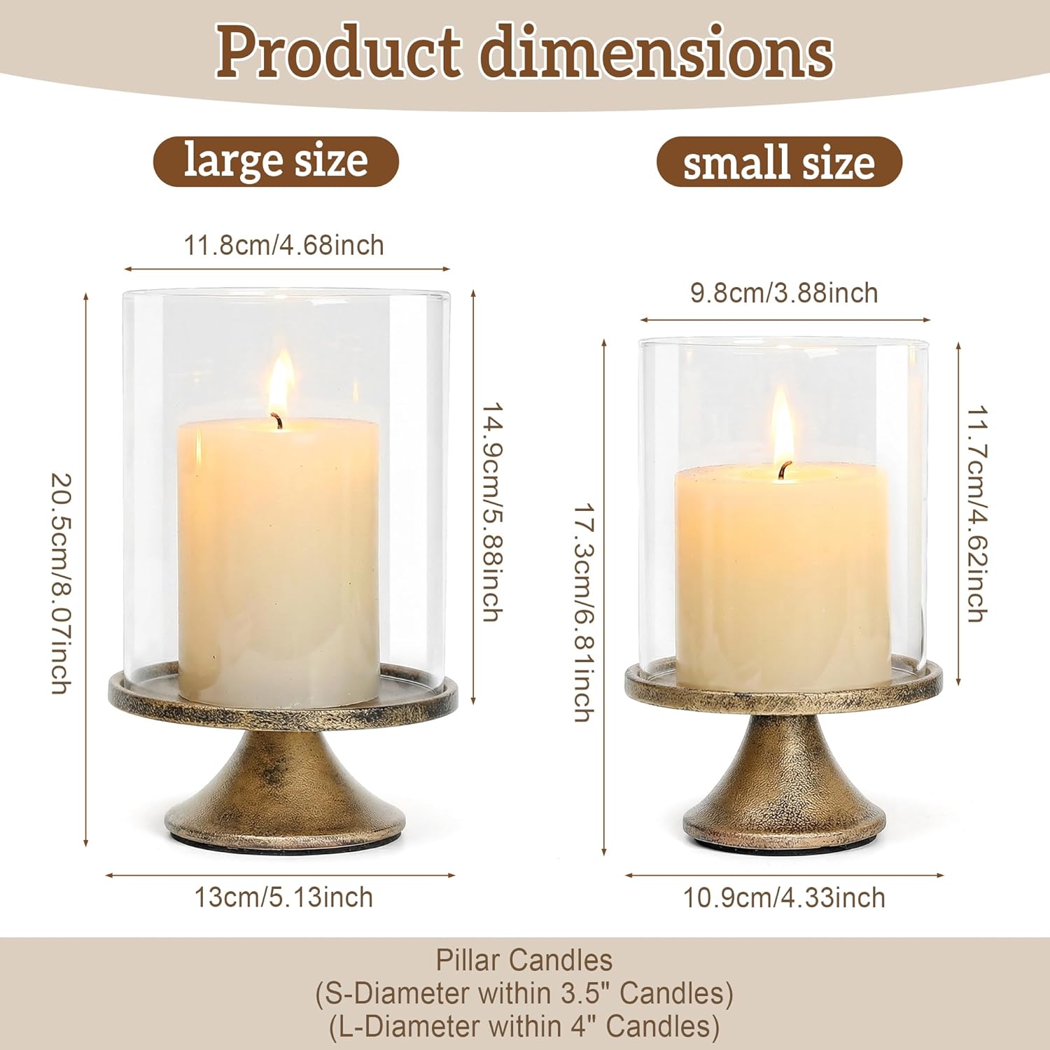 Set of 2 Hurricane Candle Holder Set with Glass Dome & Iron Base – Elegant Decorative Pillar Candle Holders for Living Room, Dining Room & Bedroom Centerpiece - Ideal Home Décor