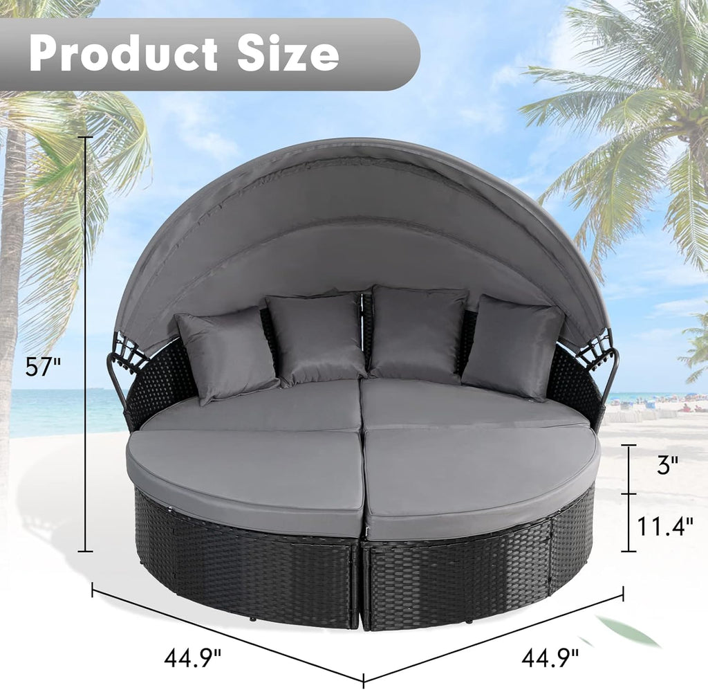 SUNCROWN Outdoor Patio Round Daybed with Retractable Canopy, Wicker Furniture Clamshell Sectional Seating with Washable Cushions, Backyard,Porch,Poolside,Deck, Black