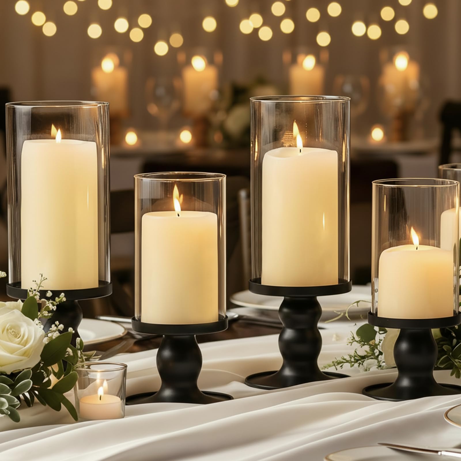 NITIME 4Pcs Hurricane Candle Holder for Pillar Candles, Gold Candle Holders with Clear Glass Sleeve for Table Centerpieces,Pillar Candle Holders for Home Decor, Wedding, Holiday and Party Decor