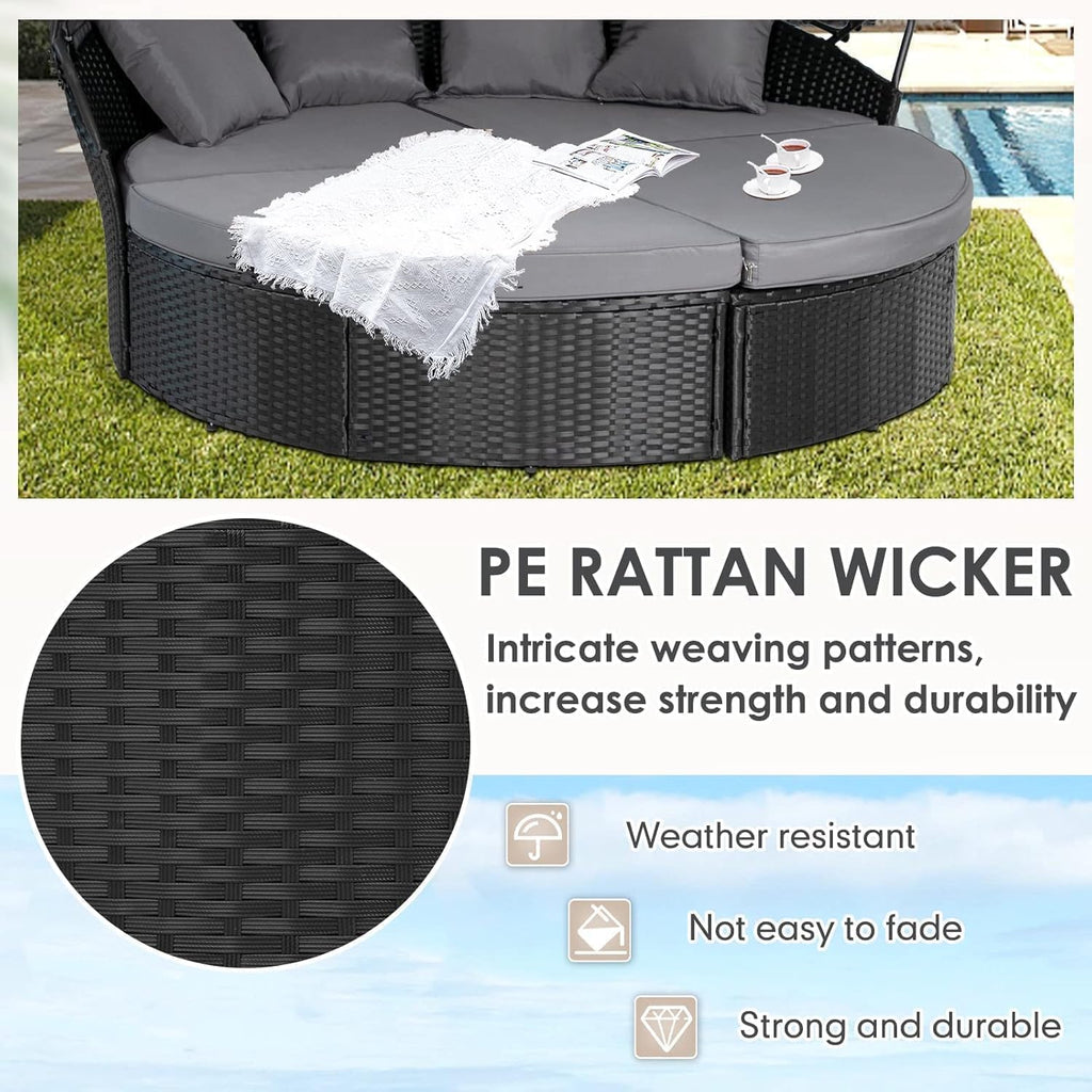 SUNCROWN Outdoor Patio Round Daybed with Retractable Canopy, Black Wicker Furniture Sectional Couch with Washable Cushions, Backyard, Porch