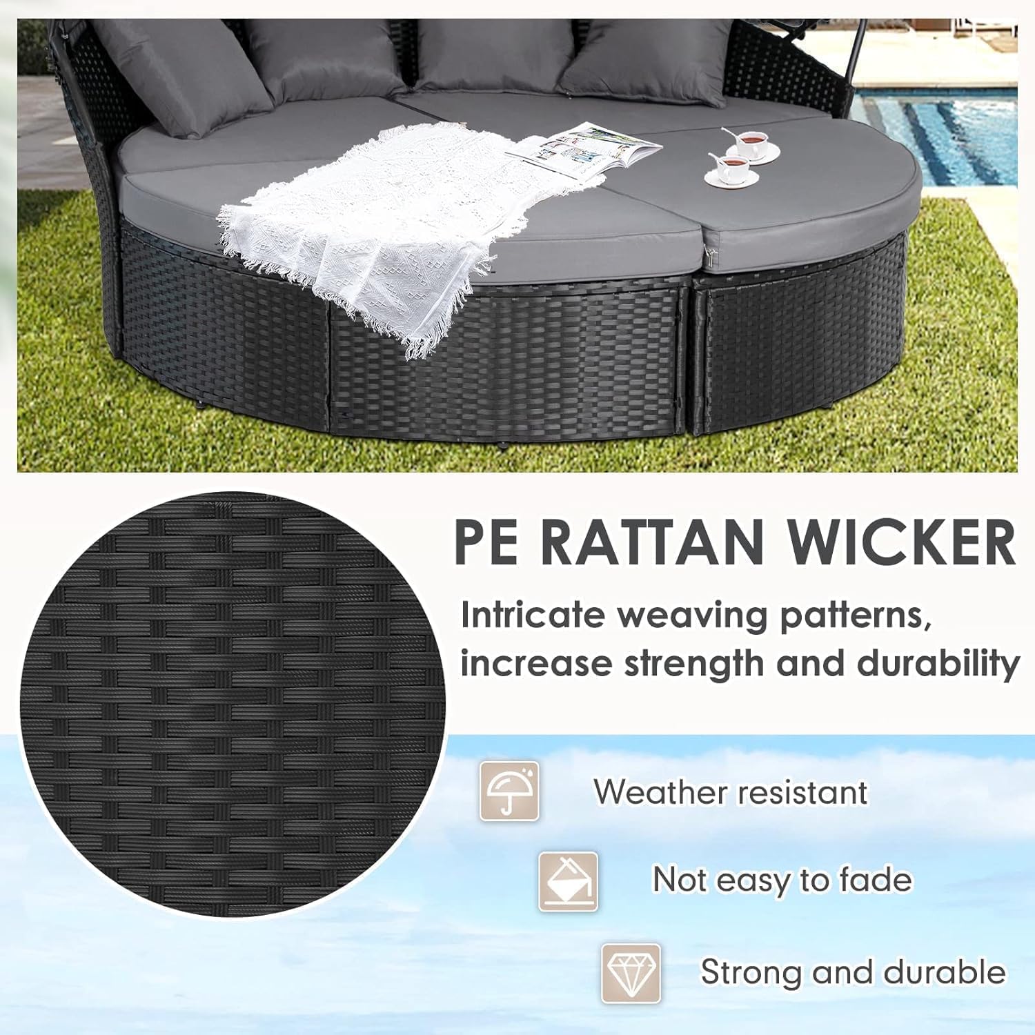 SUNCROWN Outdoor Patio Round Daybed with Retractable Canopy, Black Wicker Furniture Sectional Couch with Washable Cushions, Backyard, Porch