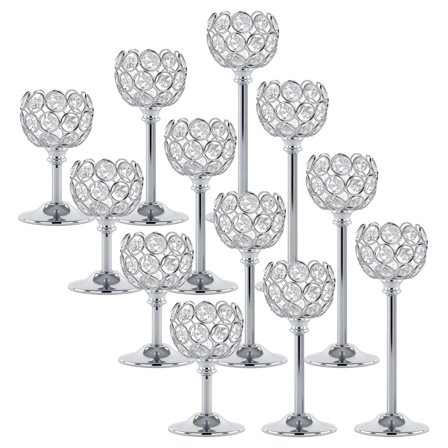 Gold Crystal Tealight Candle Holders Set of 12 (4 Sets) - Tall Bling Bowl Candelabra Centerpieces for Dining Table, Wedding, Party & Fireplace Mantel Decor