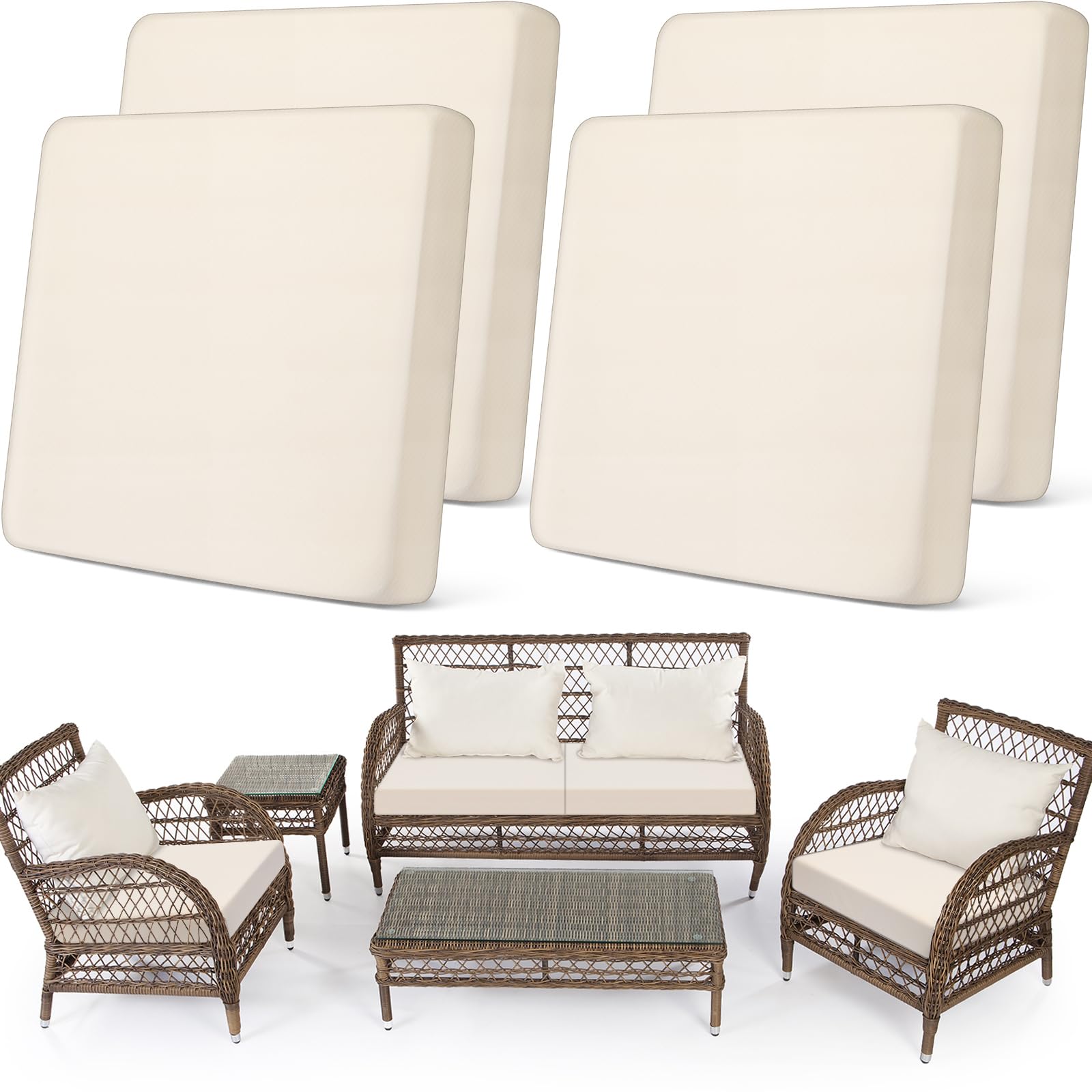 Newwiee Set of 4 Stretch Patio Cushion Covers Sofa Couch Seat Chair Slipcovers Cushion Cover Replacement Furniture Protector for Pets Washable(Beige,Seat Cover,Solid)
