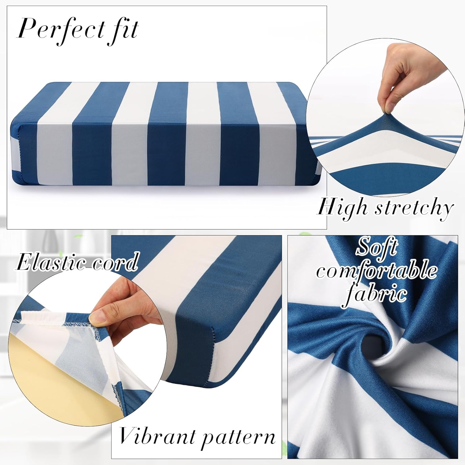 Newwiee 8pcs Patio Stretch Cushion Covers Stripe Outdoor Cushion Covers Replacement Patio Furniture Couch Slipcover Sofa Chair Seat, Thin Fabric Breathable Soft Flexibility Protector(Dark Grey Blue)