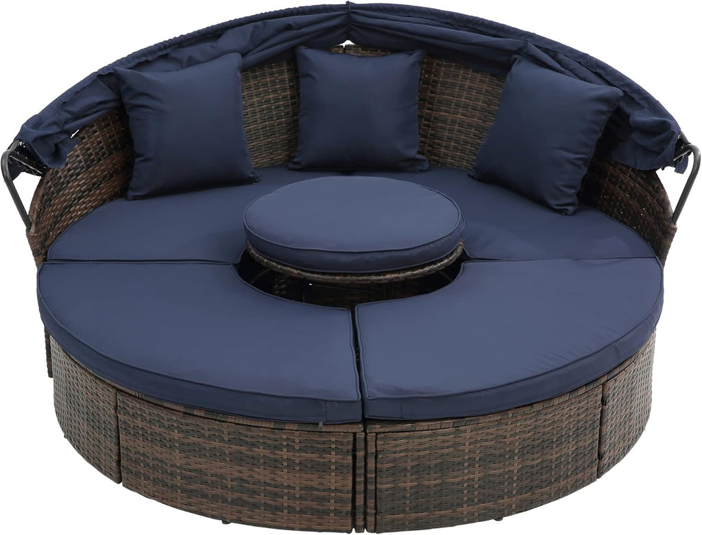 LUMISOL Outdoor Rattan Round Daybed with Canopy, Wicker Outdoor Sofa Bed with Lift Coffee Table, Sun Daybed Lounge for Balcony Garden Backyard Porch Pool, Outdoor Canopy Bed, Navy Blue