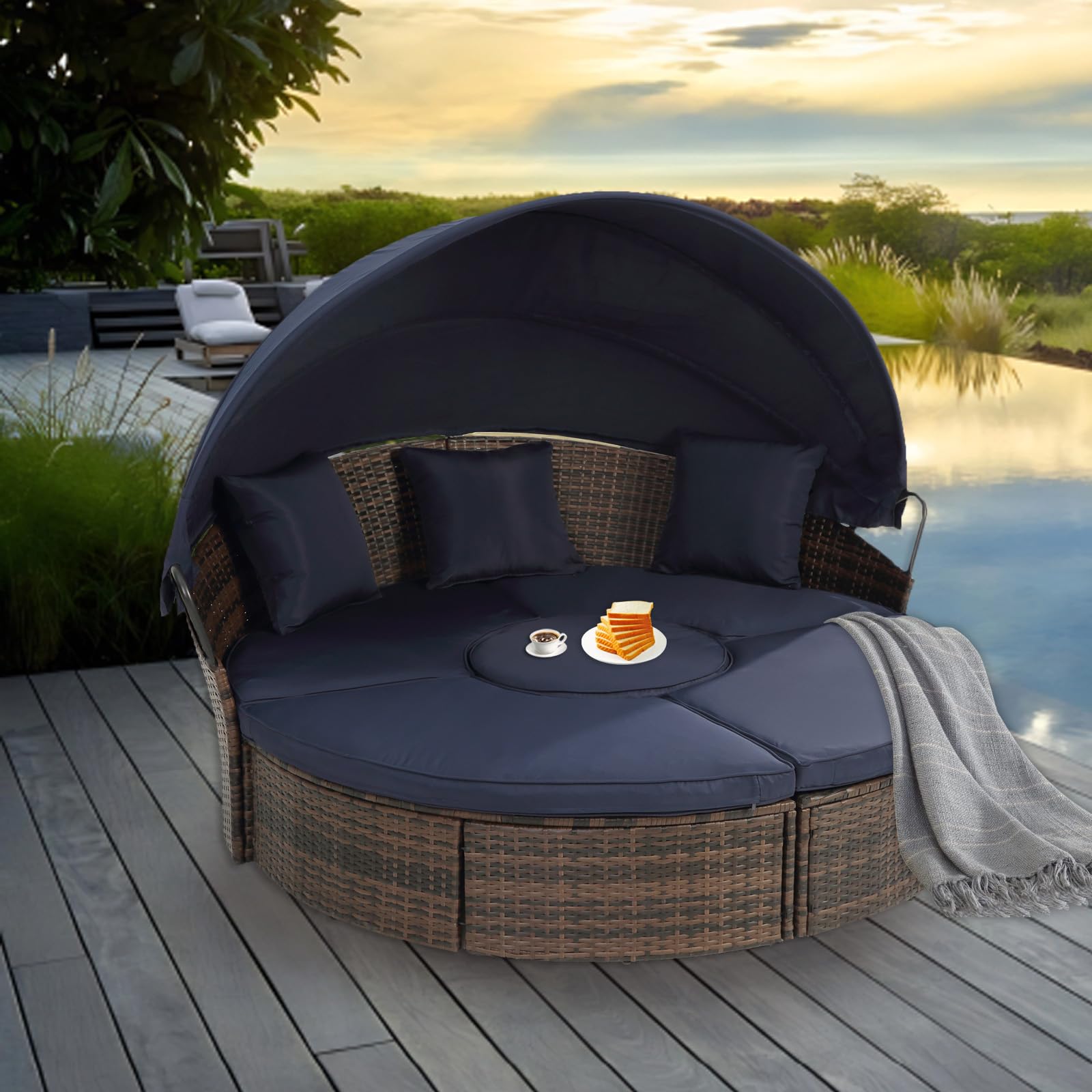 SoarFlash Outdoor Patio Canopy Bed, Round Daybed with Washable Cushions, Clamshell Sectional Seating Wicker Furniture with Retractable Canopy for Lawn Garden Backyard Porch Pool (Beige)