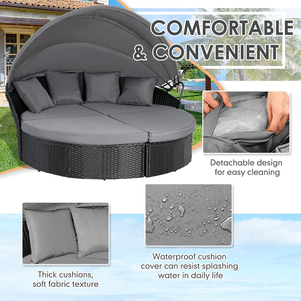 SUNCROWN Outdoor Patio Round Daybed with Retractable Canopy, Black Wicker Furniture Sectional Couch with Washable Cushions, Backyard, Porch