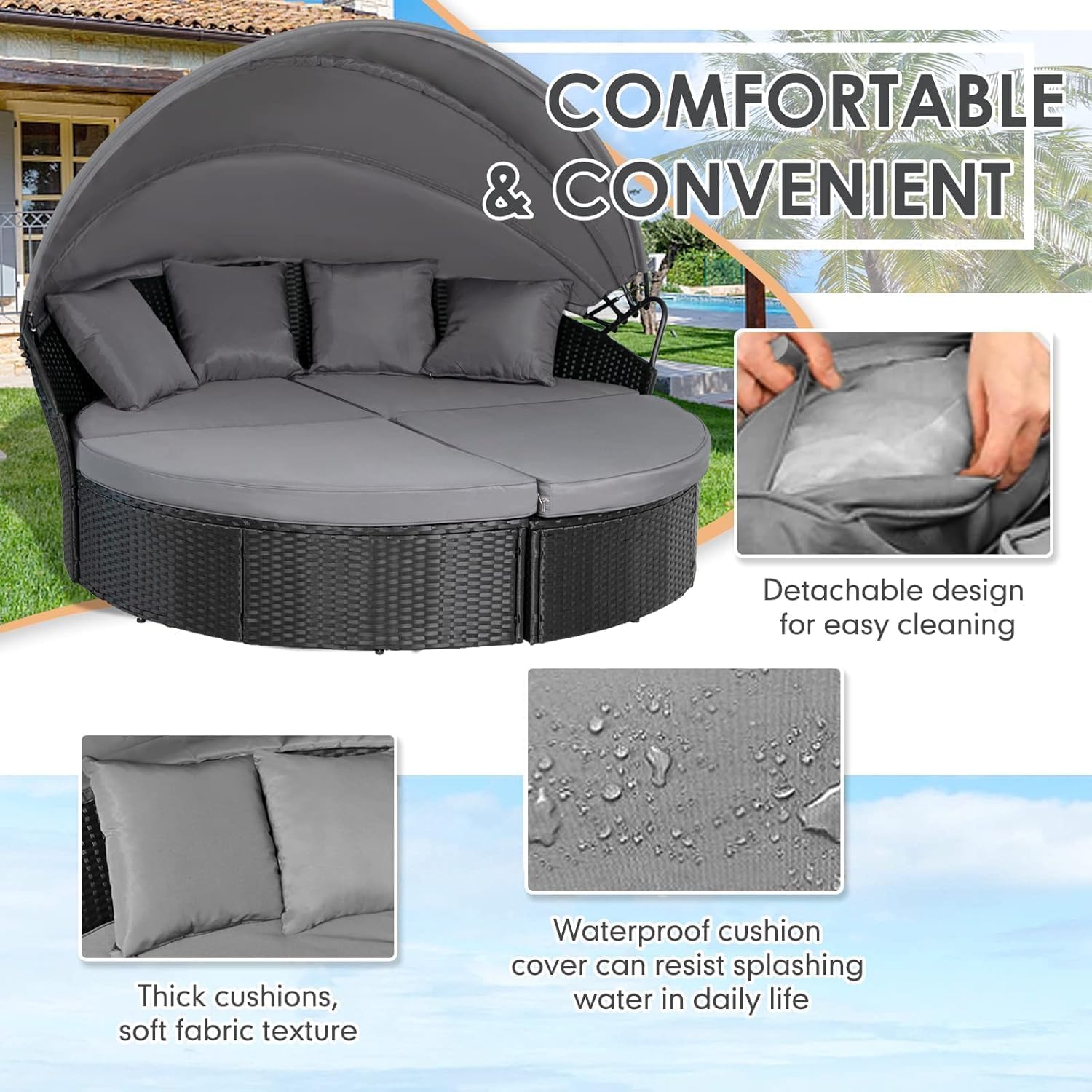 SUNCROWN Outdoor Patio Round Daybed with Retractable Canopy, Black Wicker Furniture Sectional Couch with Washable Cushions, Backyard, Porch