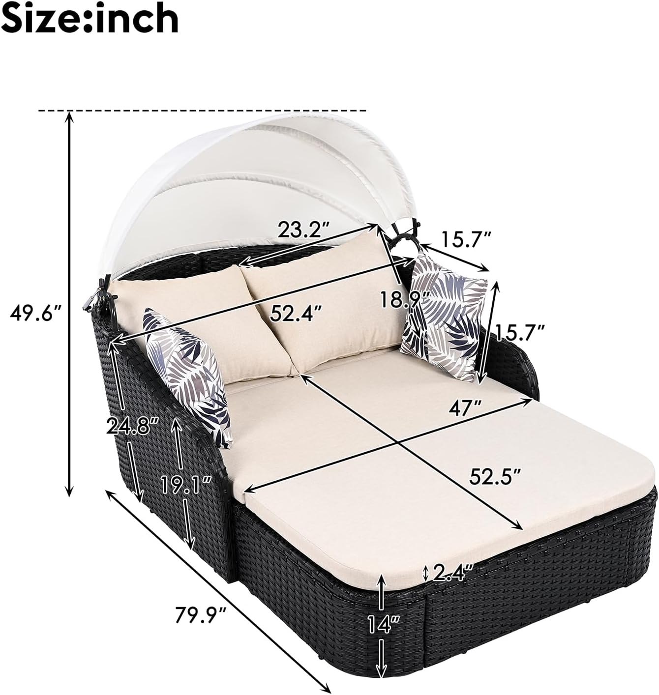 2-Person Wicker Chaise Lounge with Canopy & Pillows, Beige&Black, Outdoor Patio Sunbed