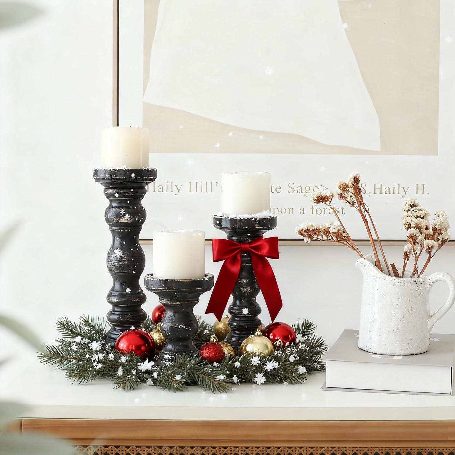 SWALLOWLIVING Rustic Farmhouse Wood Pillar Candle Holder Set of 3 for Candlestick, Black
