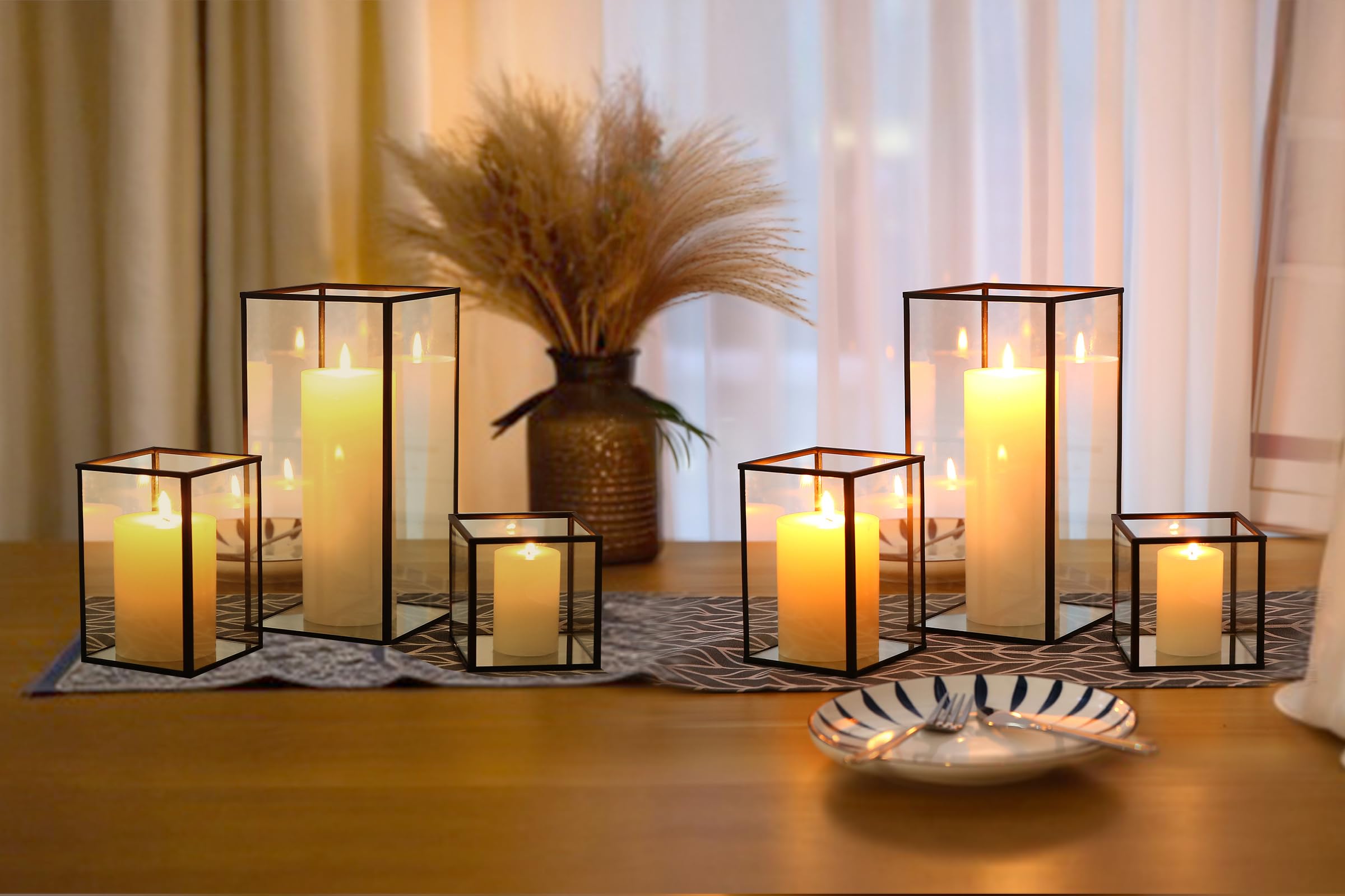 PHOSPHOR Glass Hurricane Candle Holder Set of 3 PCS Black Hurricane Candleholders for Wedding Party Holiday Birthday Home Decor Lanter
