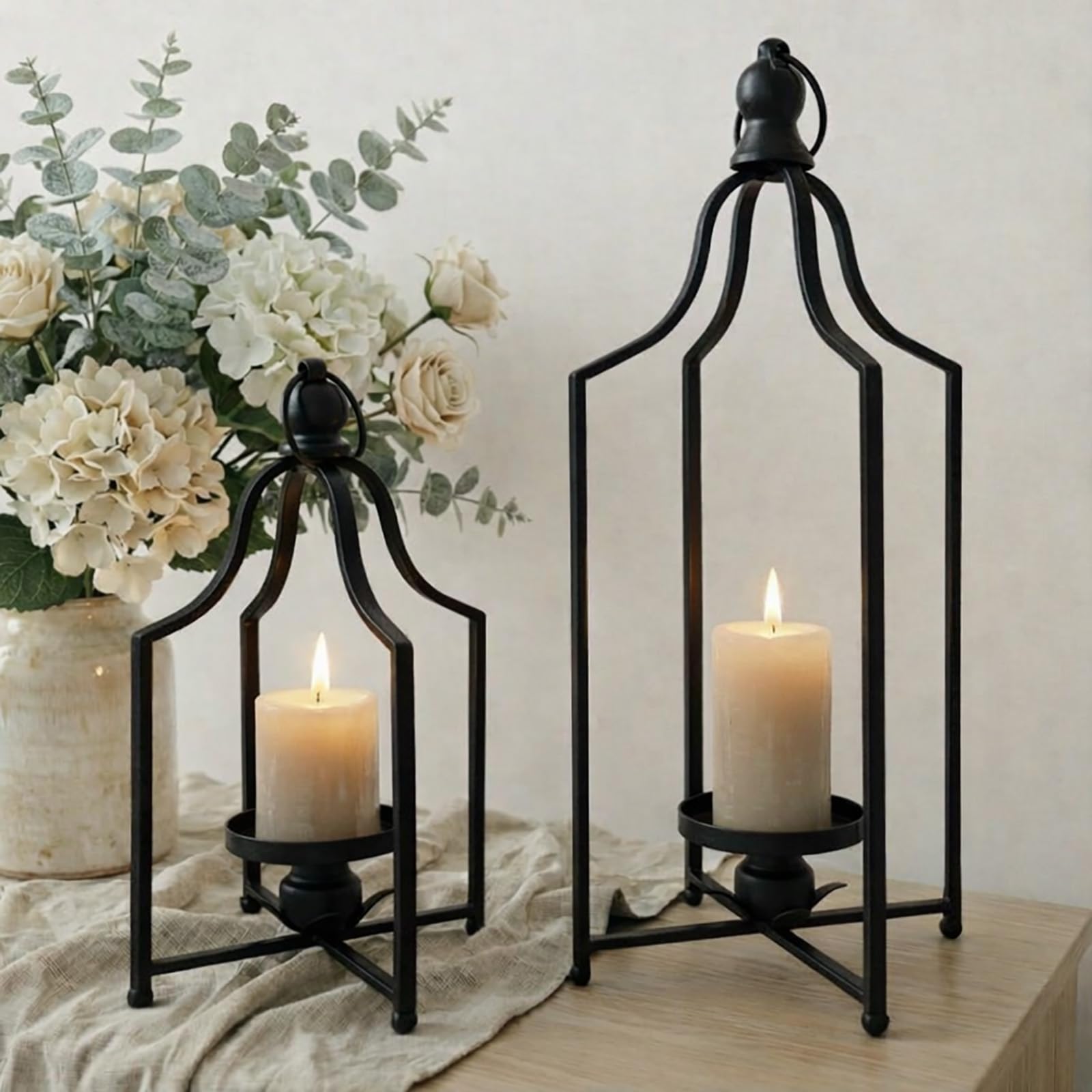 2Pcs Antique Gold Metal Lantern Candle Holders, 12.5" & 16.5" Farmhouse Decor