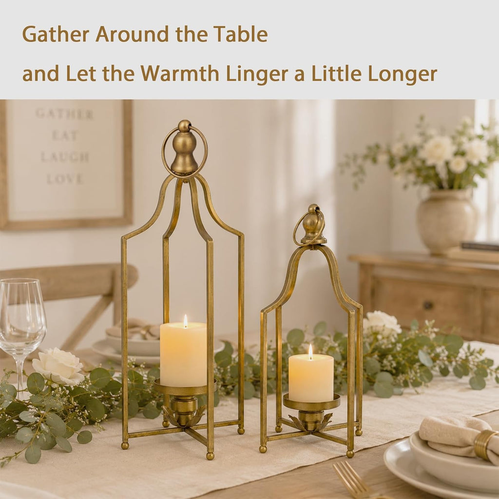 2Pcs Antique Gold Metal Lantern Candle Holders, 12.5" & 16.5" Farmhouse Decor